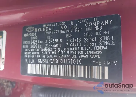 2024 Hyundai Kona Sel z USA, uszkodzony, nr VIN KM8HBCAB0RU151016